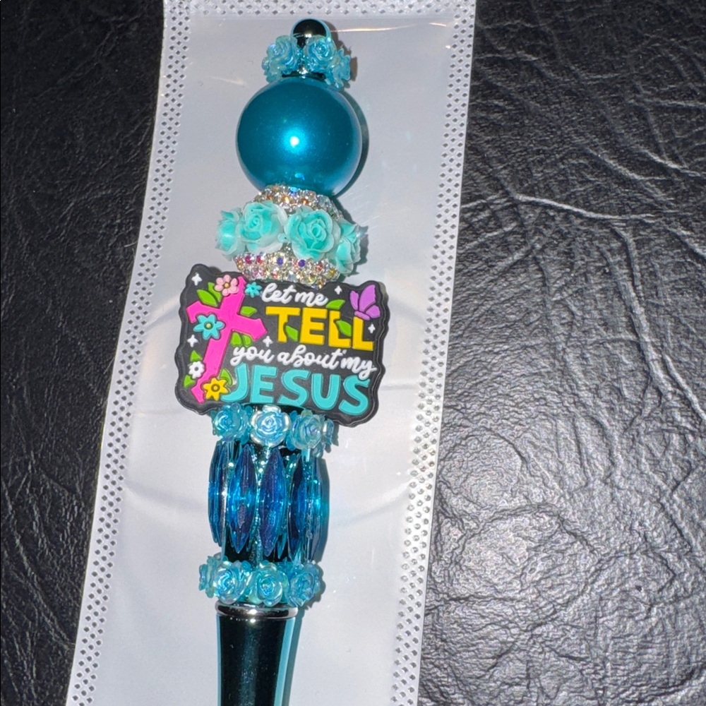Pen Aqua Jeweled Pen w/Jesus focal Bead, NEW, Beautiful, Hand Crafted - Picture 3 of 5